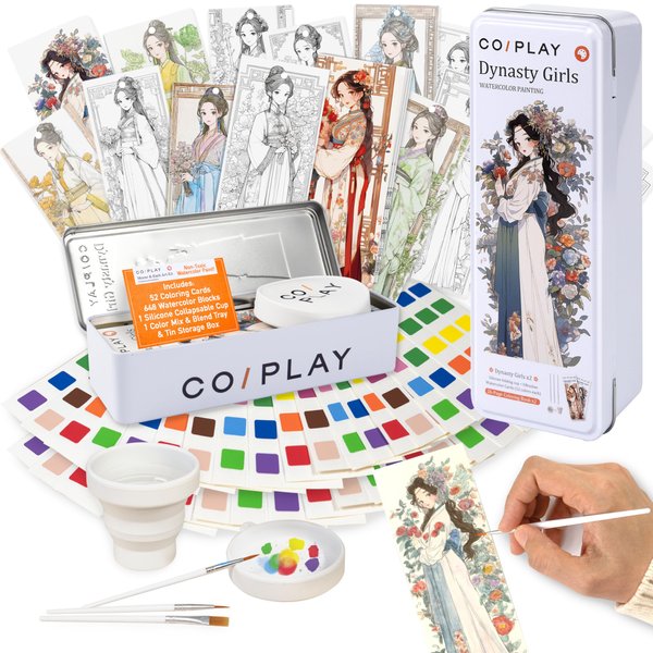 COIPLAY 648 Color Blocks Watercolor Paint Set, 52-Bookmarks, 3 Brushes, Silicone Cup, Dynasty Girls Coloring Books, for All Ages, Travel-Friendly, Easy to Use,No mess, All In One Art Supplies