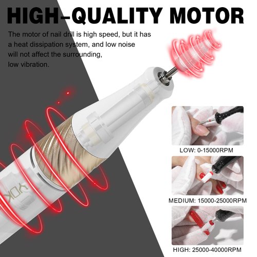 YOKE FELLOW Electric Nail File - 40000 RPM Rechargeable Nail Drill Machine Nail File with 12 Nail Drill Bits for Manicure Pedicure Acrylic Polishing Tools Kit for Salon Home Use
