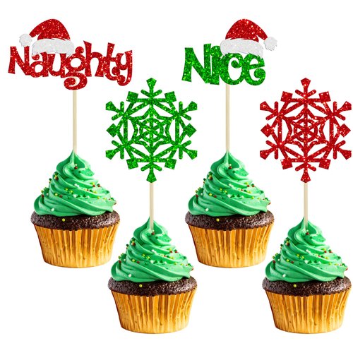 Gyufise 24Pcs Naughty Or Nice Cupcake Toppers Red Green Glitter Christmas Cupcake Pick Decorations for Merry Christmas Theme Birthday Baby Shower Party Happy New Year Party Supplies