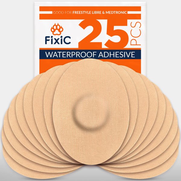 FixiC Freestyle Adhesive Patches 25 PCS – Good for Libre 1, 2 – Enlite – Guardian – Waterproof Adhesive Patches – Libre Adhesive Covers – Pre-Cut – The Best Fixation for Your Sensor! (Tan)