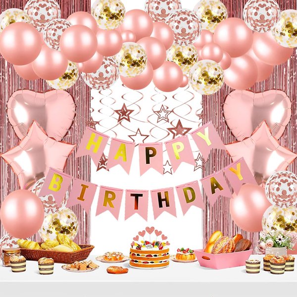 Anwyll Birthday Party Decorations for Girls Women,Rose Gold Happy Birthday Decorations Set,Happy Birthday Banner,Foil Fringe Curtains,Star Heart Foil Confetti Balloons,Hanging Swirls for Party Supply