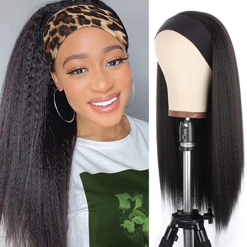 PWEOUKE Yaki Straight Headband Synthetic Wig Glueless Kinky Headband Wigs Natural Black Long 22 Inch None Lace Front Headband Straight Wigs for Black Women Daily Party, 1B