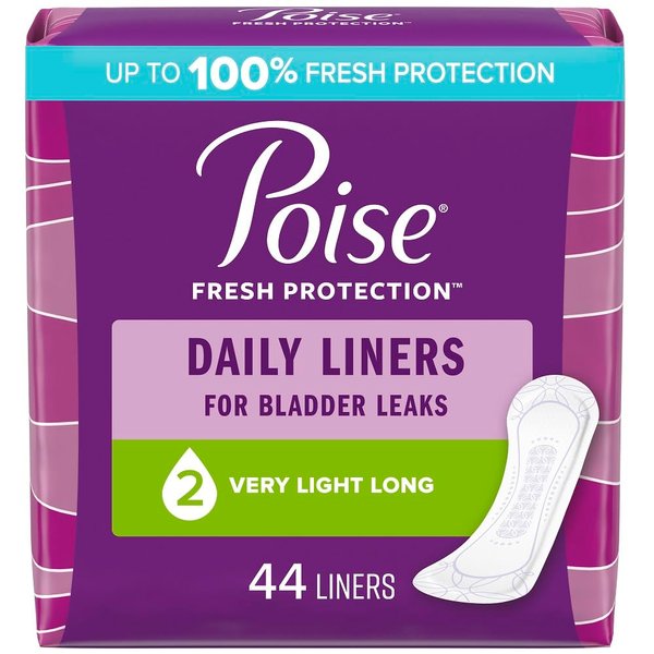 Poise Daily Incontinence Panty Liners, 2 Drop Very Light Absorbency, Long, 44 Count of Pantiliners, Packaging May Vary