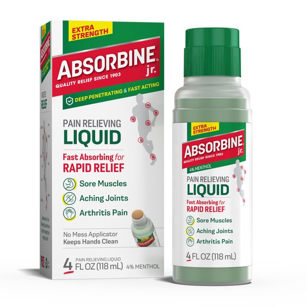 Absorbine Jr. Maximum Strength Pain Relieving Liquid, 4% Menthol Liquid Pain Reliever, Pain Relief for Joint, Arthritis, Nerve Pain and Muscle Soreness, Easy & No Mess Application, 4 Oz