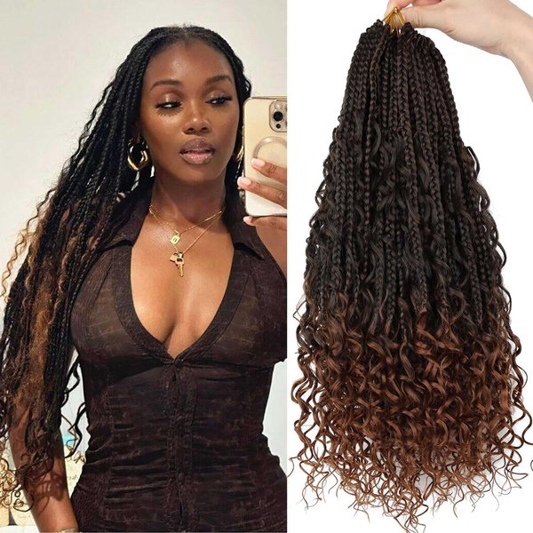 Lickran 18 Inch Goddess Box Braids Crochet Hair 8 Packs Crochet Hair for Black Women Boho Box Crochet Braids with Curly Ends Bohomian Synthetic Braiding Hair Extensions T30#