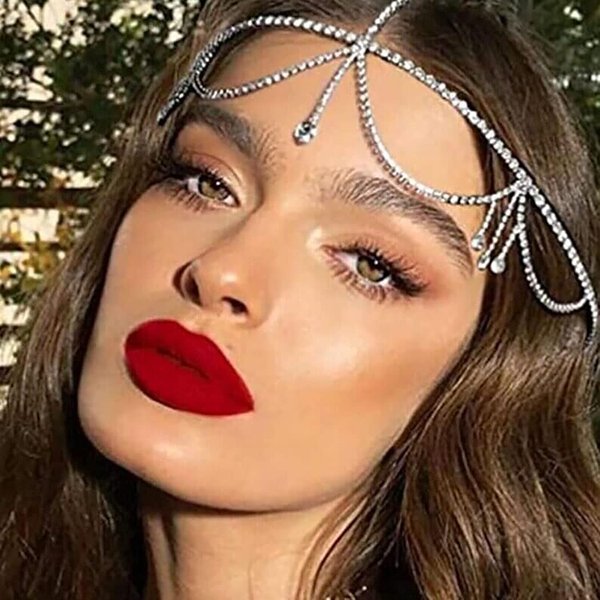 JEAIRTS Rhinestone Head Chain Silver Crystal Tassel Wedding Headpiece Chains Sparkly Bridal Forehead Hair Dress Halloween Prom Jewelry Accessories for Women and Girls