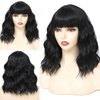 RemyAeki Short Wavy Wigs With Bangs Natural Black Curly Wavy Bob Wigs for Women Medium Length Synthetic Short Bangs Wigs for White Women Shoulder Length 14 Inch