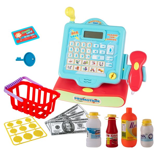 BRINJOY Cash Register for Kids with Scanner, Pretend Play Calculator Supermarket Toys w/Basket, Play Money, Credit Card, Play Drinks, Toddler Toy Register w/Microphone & Sound for Girls & Boys Ages 3+