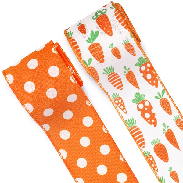 2 Rolls Easter Fabric Ribbons 5 Yards Orange Carrot White Dot Spot Decor Ribbons Easter Burlap Linen Ribbons for Easter Party Spring Gift Wrapping Indoor Outdoor Craft Hanging Decoration Supplies