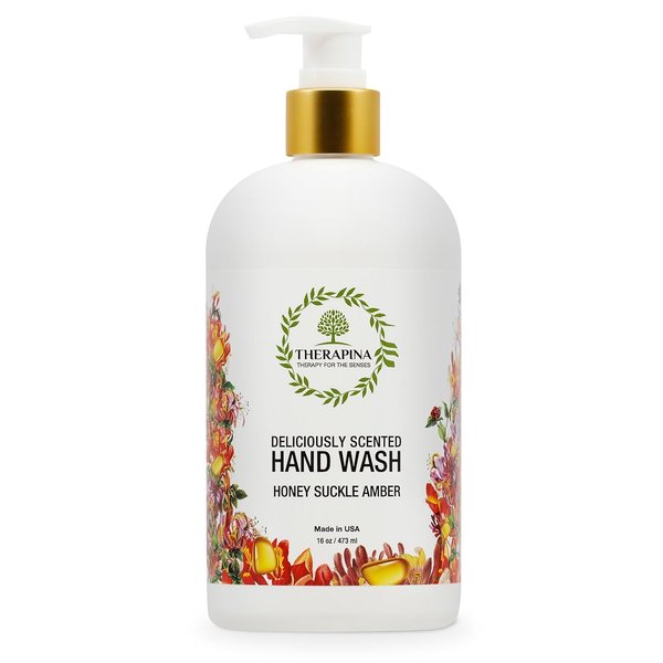 THERAPINA Aromatherapy Luxury Liquid Hand Soap – Vegan, Moisturizing Hand Wash with Aloe Vera, Botanical Oils, Honeysuckle Amber Scent – Fancy Liquid Hand Soap for Bathrooms, Kitchen, More, 16 Oz.