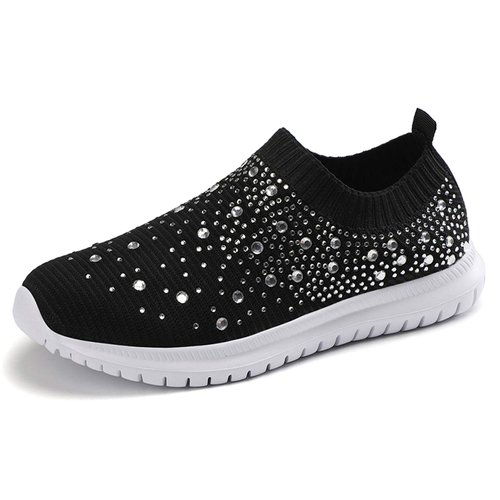 GOSPT Women's Mesh Walking Shoes Rhinestone Glitter Slip On Ballroom Jazz Latin Dance Sock Sneakers Black 8