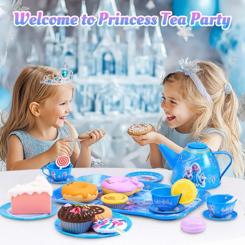 61Pcs Tea Party Set for Little Girls, Fairy Tale in Ice and Snow Toys, Princess Tea Set Includes Crown, Dessert, Cake Stand & Carrying Case, Kids Kitchen Pretend Play for 3 4 5 6 Year Old Girl Gift