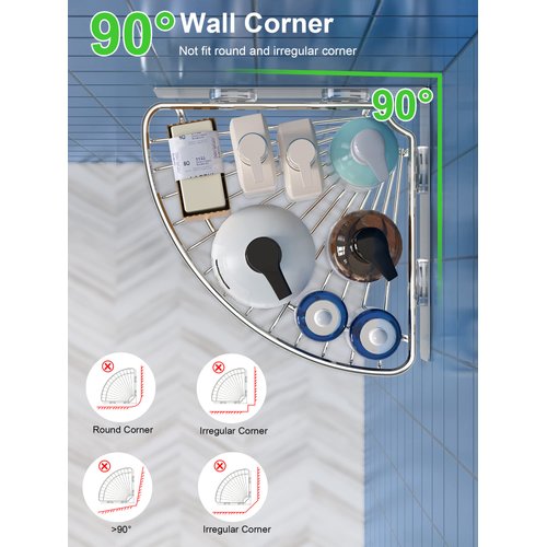 SMARTAKE 2-Pack Corner Shower Caddy, SUS304 Stainless Steel, Wall Mounted Bathroom Shelf with Adhesive, Storage Organizer for Toilet, Dorm and Kitchen (Silver)