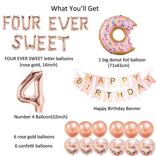 Four Ever Sweet Birthday Decorations, 4 Four Year Old Fourth 4th Birthday Decorations Girl Boy, Donut Birthday Party Decorations, Four Ever Sweet Backdrop Balloons,Donut Themed Birthday Party Supplies