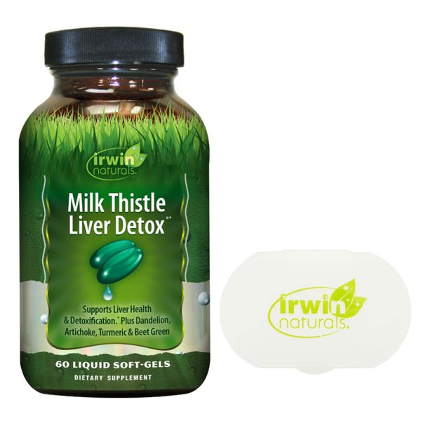 Irwin Naturals Milk Thistle Liver Detox Supplement with Dandelion, Turmeric Root, Artichoke Extract and Beet Root- 60 Liquid Softgels with Pill Case Cleanse Formula Supplements, Liver Health