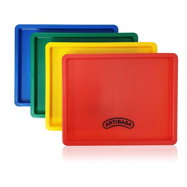 ARTIBABA Plastic Tray Set of 4 for Class Material Organizer Art Class Painting Clay Waterbeads Spangles Buttons Papers Scissors Kids Activity Material Easy Clean Plastic Paint Palette DIY