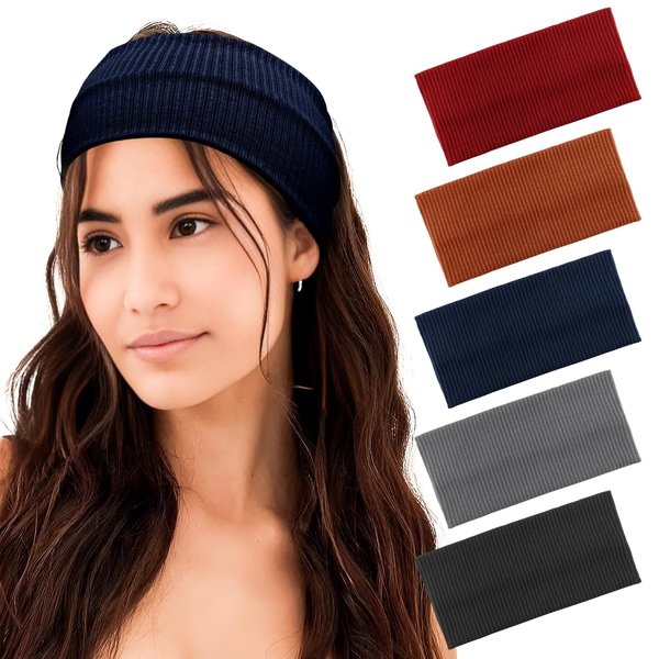FASOTY Headbands for Women Wide Soft Elastic Boho Headbands Thick Hair Bands Turban Fashion Workout Yoga Head Wrap Headbands Hair Accessories, 5 Pack