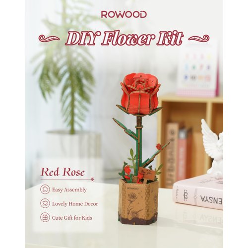 rowood 3D Puzzle Wooden Flower,DIY Artifical Flower Building Toy Set Craft Kit for Women,Mother's Day/Valentine's Day/Teacher's Day/Thanksgiving/Christmas/Birthday Gift -Red Rose