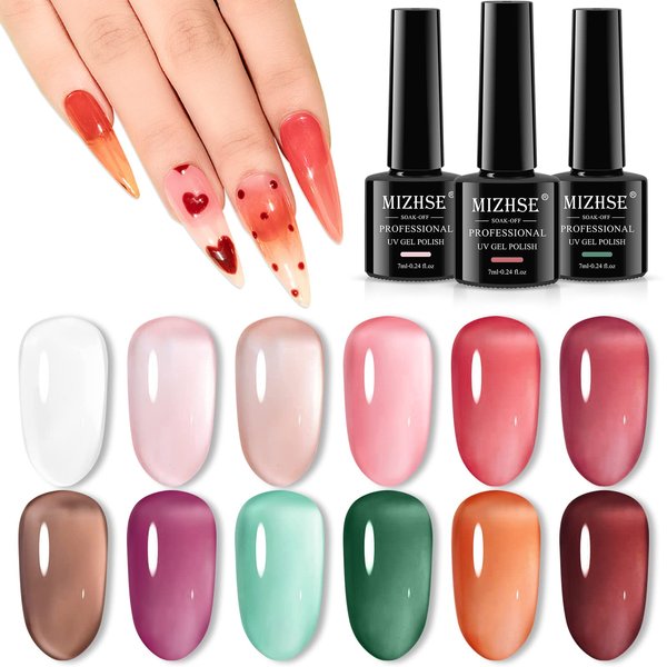 MIZHSE Jelly Gel Nail Polish Set 12 Color, Clear Translucent Spring Gel Polish 7ml, Sheer Manicure Kit UV LED Soak Off Varnish for Home Salon Gift