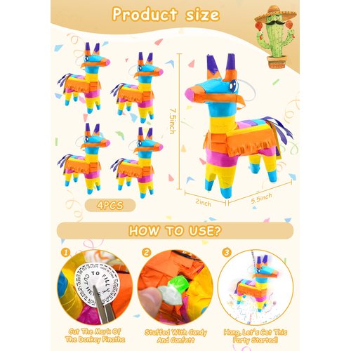 TURNMEON 4 Pack Mini Pinata 5.5"x7.5" Mexican Donkey Pinata Rainbow Color for Mexican Party Decorations Day of The Dead Decorations Día de Muertos Decorations Fun Taco Tuesday Birthday Party Supplies