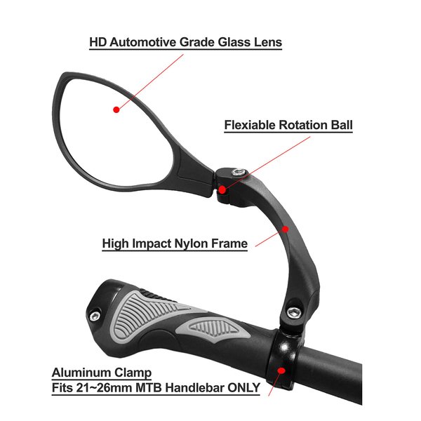 Hafny New Handlebar Bike Mirror, HD Blast-Resistant, Safe Crystal Clear Glass Mirror, Adjustable Rotatable Bike Mirror, Rearview Mirror, Bicycle Mirror, HF-M902LS-FR01