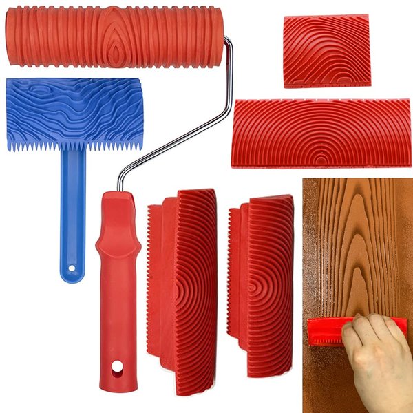 Wood Graining Tool Set, 6pcs 7" Fake Wood Grain Roller Painting Tool with Handle DIY Rubber Graining Tool Paint Look Like Wood for Wall Room Art Paint Decoration