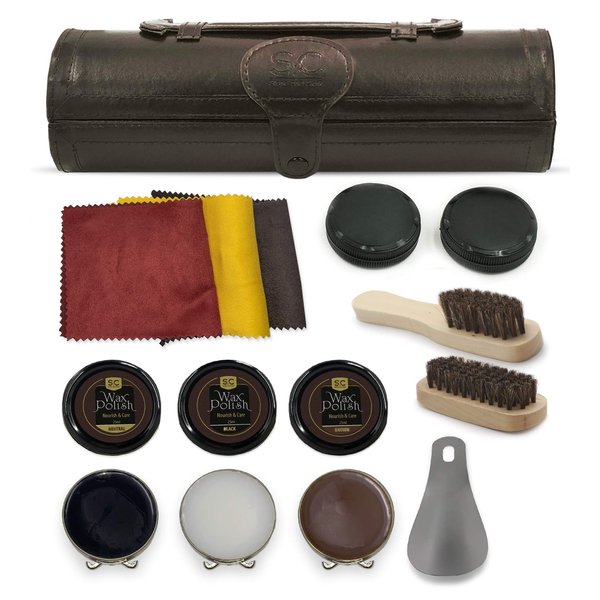 Stone & Clark 12PC Shoe Polish & Care Kit, Leather Shoe Shine Kit with Brown Wax, Shoe Brushes for Polishing, Compact Shoe Cleaning Kit with Horse Hair Brushes & PU