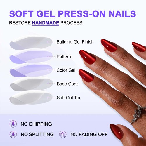 Press on Nails Almond - SHANGMENG Cat Eye Press on Nails Short with Nail Glue, Fit Perfectly Fake Nails for Women Gift, Opaque Stick On Nails in 16 Sizes - 32 Reusable Nails Kit, Wine Red
