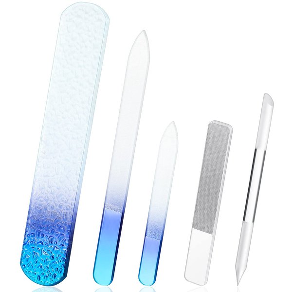 Lanties 5 Pcs Glass Nail File Set Callus Remover Foot Rasp Manicure Tool Include 2 Crystal Glass Nail File 1 Cuticle Pusher 1 Glass Foot File 1 Nano Nail Shiner Nails Buffer Polisher