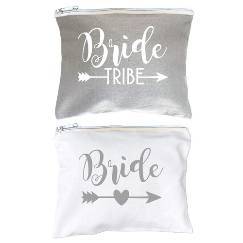 AMERIBA 12 PACK SET + 1 BRIDE BAG Premium Natural Cotton Canvas Makeup Bag- Bridesmaids Gifts for the Bachelorette Party or Bridal Shower (White & Gray)