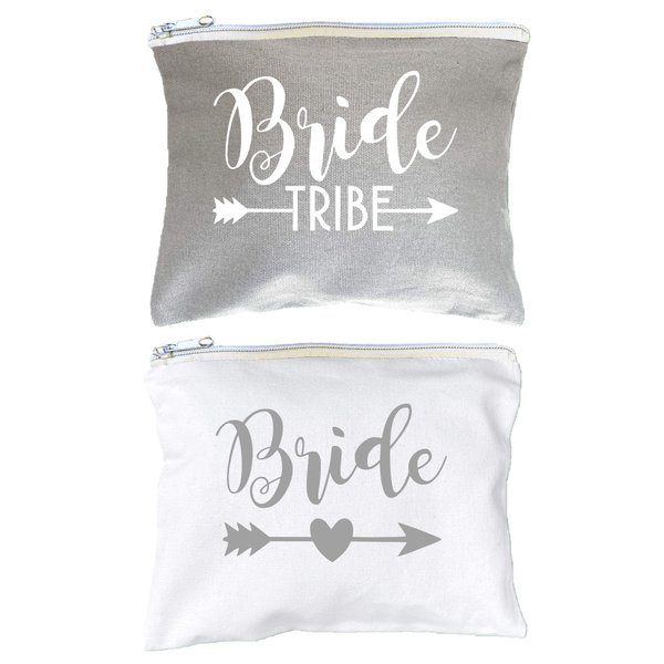 AMERIBA 12 PACK SET + 1 BRIDE BAG Premium Natural Cotton Canvas Makeup Bag- Bridesmaids Gifts for the Bachelorette Party or Bridal Shower (White & Gray)
