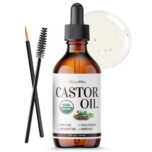 BodyJ4You Organic Castor Oil - Pure 100% USDA Certified Cold Pressed - Natural Hair Growth Eyelashes Eyebrows - Rich Hydration Healthy Skin Moisturizer Lash Serum Brow - 2 Fl Oz