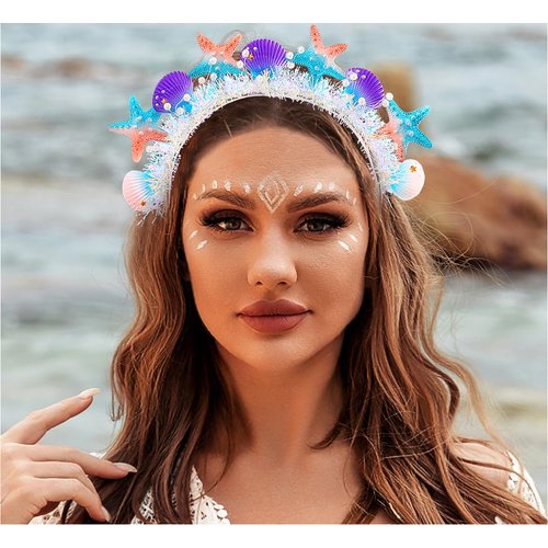 Coxiva Boho Beach Headband Starfish Shell Wedding Pearl Tiara Hair Crown Handmade Bride Accessories Hairband Headpiece for Women and Girl(Colorful）