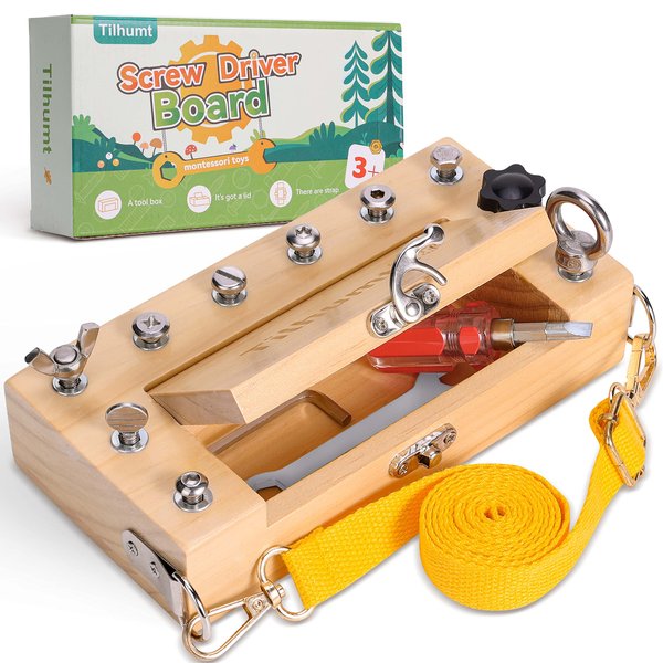 Tilhumt Montessori Screwdriver Board Set for Kids, Storage Wooden Toddler Real Tools Preschool Toys Fine Motor Skills Toys for 3 4 5 Year Old Children, Classroom STEM Toy For 1 Player