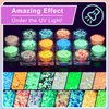 Holographic Chunky Glitter Glow in The Dark Glitter 16 Colors with Glue Set, Body Glitter Glow Glitter for Women Face Body Nail Hair Makeup at The Concert/Festival/Rave Party