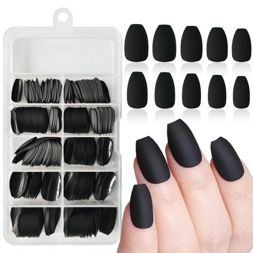 LoveOurHome 240pc Kids Short Coffin Press on Nails Matte Ballerina False Nails Full Cover Colored Black Artificial Fake Fingernails 10 Sizes Tips with Adhesive Tabs