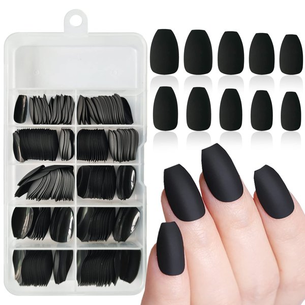 LoveOurHome 240pc Kids Short Coffin Press on Nails Matte Ballerina False Nails Full Cover Colored Black Artificial Fake Fingernails 10 Sizes Tips with Adhesive Tabs