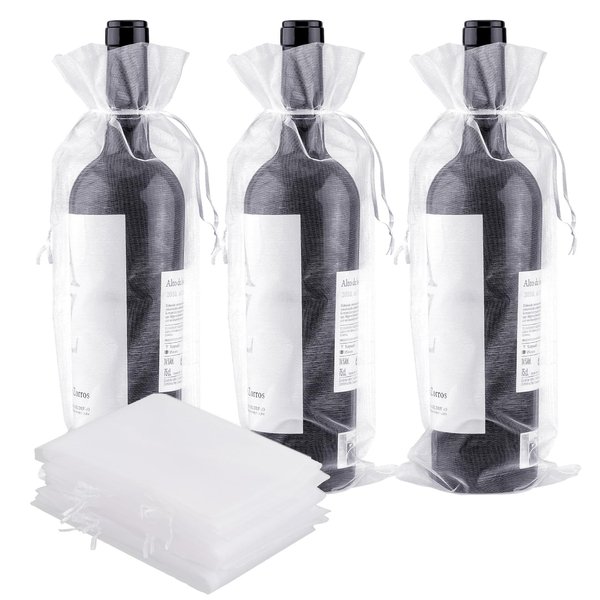 G2PLUS Organza Wine Bags,30PCS Wine Bottle Gift Bags with Drawstrings 14.6" x5.5" Organza Bottle Bags for Wedding,Birthday and Baby Shower Party Favor (White)