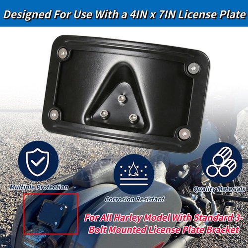 3148 Curved Laydown License Plate Mount with Frame Compatible with Harley Davidson 3 Hole Mount (Black)
