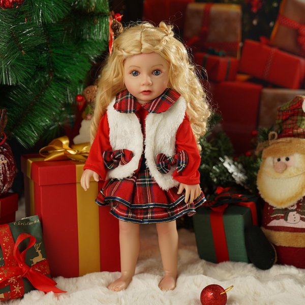 BABESIDE 18 Inch Baby Doll Clothes Set, 4 Pcs Christmas Baby Doll Clothes with Doll Plaid Christmas Skirt and Fluffy Doll Coat for 18 Inch Baby Dolls Girls, White & Red