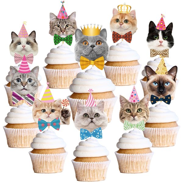Wxiben Cat Birthday Party Decorations - 40PCS Cat Cupcake Toppers Decor Cute Cat Birthday Cake Decorations Supplies Kitten Pet Cupcake Toppers for Birthday Party Baby Shower Cats Face Cake Toppers