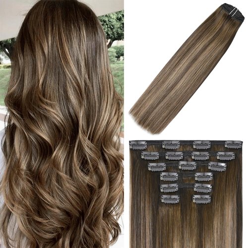 WindTouch Clip in Hair Extensions Human Hair Extensions Clip in Extensions Balayage Medium Brown to Caramel Blonde Hair Extensions Real Human Hair 16Inch 7Pcs 120g Hair Extensions Clip Ins