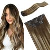 FUBILI Clip in Hair Extensions Chestnut Brown Balayage to Platinum Blonde Mix Brown Real Human Hair Medium Brown Ombre Hair Extensions Remy Human Hair Clip in Extensions 12 Inch 5Pcs 80g