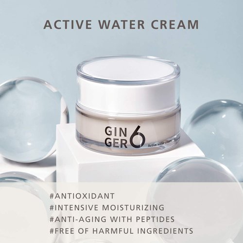 GINGER6 Active Water Cream 1.69 fl.oz. - Anti-Aging and Hydrating Facial Gel Moisturizer with Peptides, Hyaluronic Acid and Ginger Extract, Bouncy Lightweight Gel Formula, Natural Ingredients