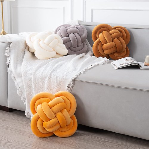 Xiashrk Knot Pillow, Decorative Throw Pillows with Soft Plush for Couch, 12" Knotted Pillows Dark Yellow Dorm Room Decor Rope Knot Pillow Ball Decorative Cushion for Bed Living Room