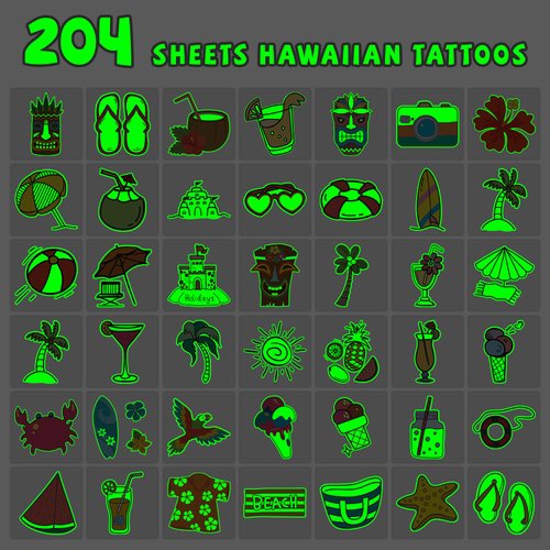 EMOME 204 Sheets Glow Individually Wrapped Temporary Tattoos for Kids, Hawaiian Luau Tropical Pool Beach Party Favors Supplies for Girls Boys,Waterproof Kids Tattoos and Fake Tattoo Stickers