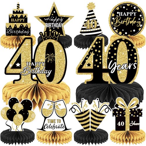 10PCS Black Gold 40th birthday decorations for Men and Women，40th birthday centerpieces for tables ，Happy 40th Birthday Centerpieces Tables Toppers，40th Birthday Table Sign Decor