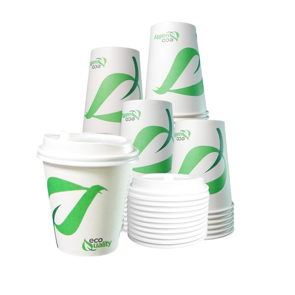 10 oz Compostable Paper Cups with White Dome Lids - Biodegradable Disposable White Paper Coffee Cups PLA Lined - Eco-friendly Hot and Cold Drinking Cups (25)