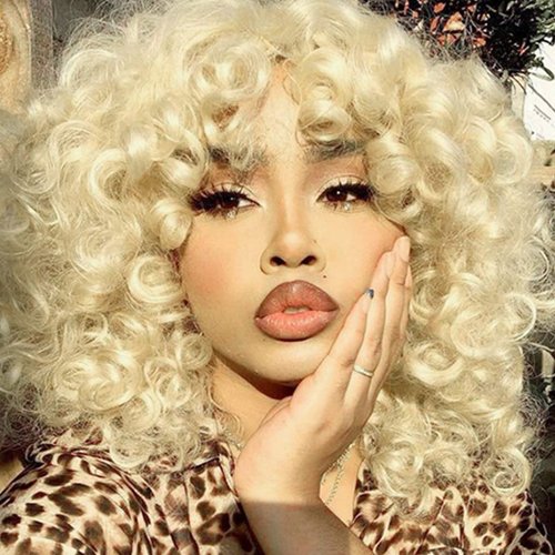 PHOENIXFLY Short Loose Curly Wigs Heat Resistant Fiber Fluffy Weave Curl Afro Synthetic Hair Wig Natural Daily Wigs for Black Women and White Breathable Rose Net Wigs (#613 Blonde)