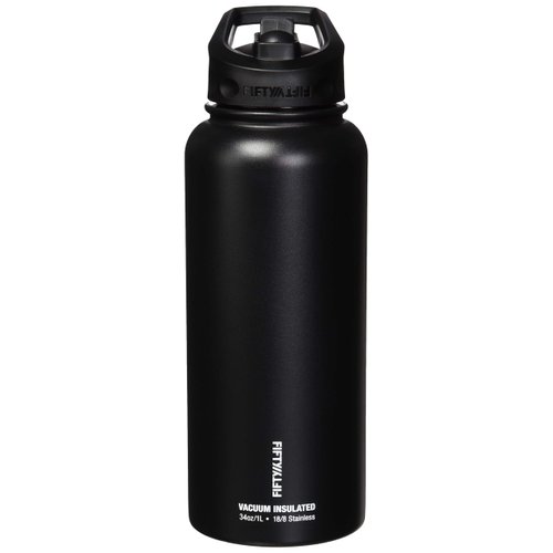 FIFTY/FIFTY Sport Water Bottle, Straw Cap with Wide Mouth, 34 oz/1 L, Matte Black